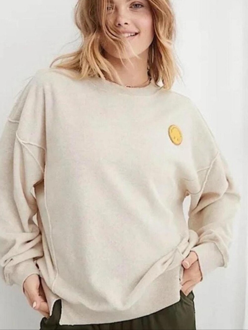 Aerie Oatmeal Smiley Crewneck Sweatshirt
